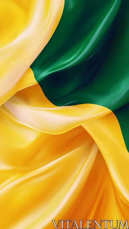 Folded yellow and green satin fabric fills the vertical frame.