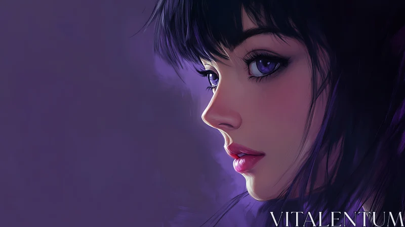 Profile portrait of violet eyed girl in soft digital lighting