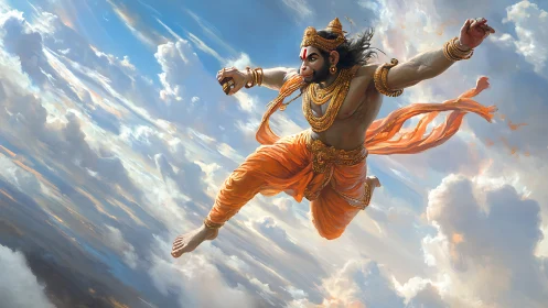 Sky-leaping monkey warrior wrapped in sunlit devotion.