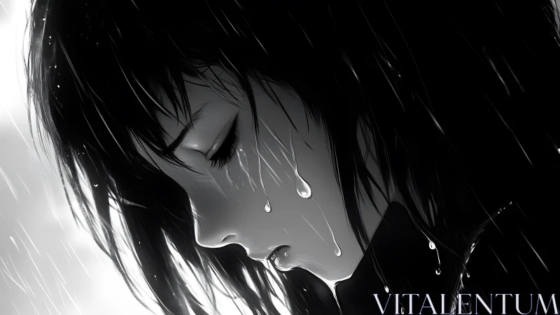 Profile view of wet anime face under diagonal rain lines.