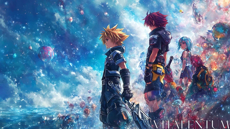 Four armored anime heroes stand in a cosmic nebula field