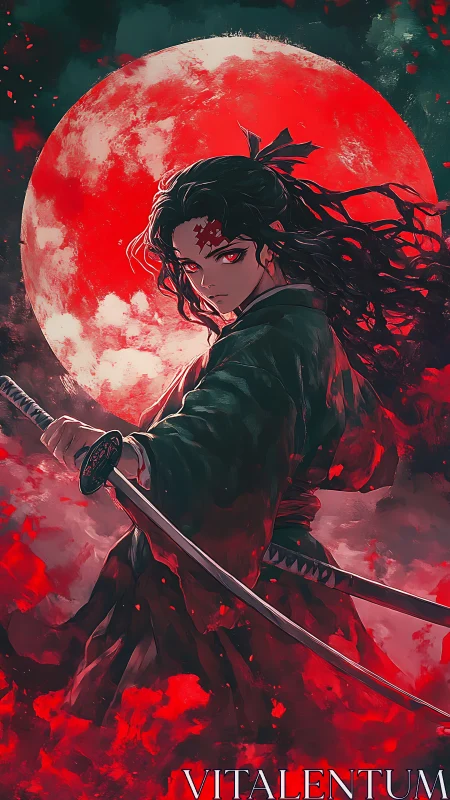Bloodlit swordsman stands before massive crimson moon