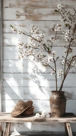 Cherry blossoms rest quietly against a rustic white wall