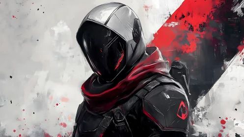 Futuristic armored assassin in red and black armor.