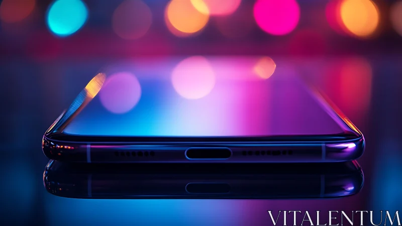Sleek smartphone resting in dreamy neon city lights glow.