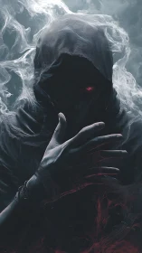 Hooded shadowed figure with red eye in swirling smoke.