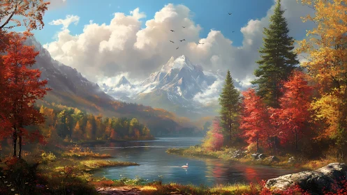 Autumn lake reflects snow peak under luminous mountain sky.