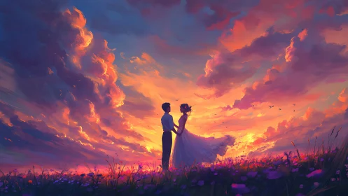 Couple silhouetted against golden sunset sky.