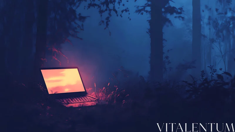 Glowing laptop illuminates misty forest floor at twilight