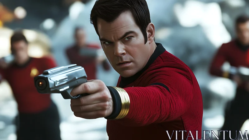 Focused sci-fi officer aiming futuristic sidearm in combat.