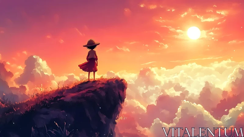 Sunset daydreamer standing at the edge of bright cloud seas.