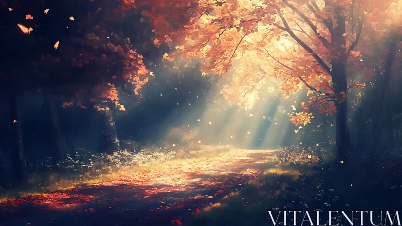 Forest path illuminated by diffused sunlight through autumn canopy