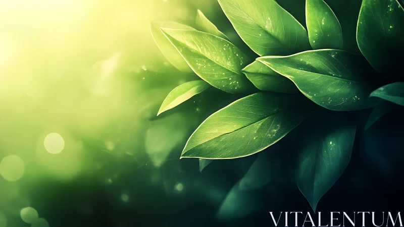 Sunlit green leaves glow against soft blurred bokeh background