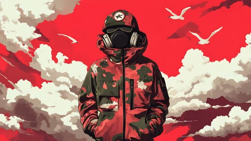 Gas-masked figure in red camo jacket under dramatic clouds