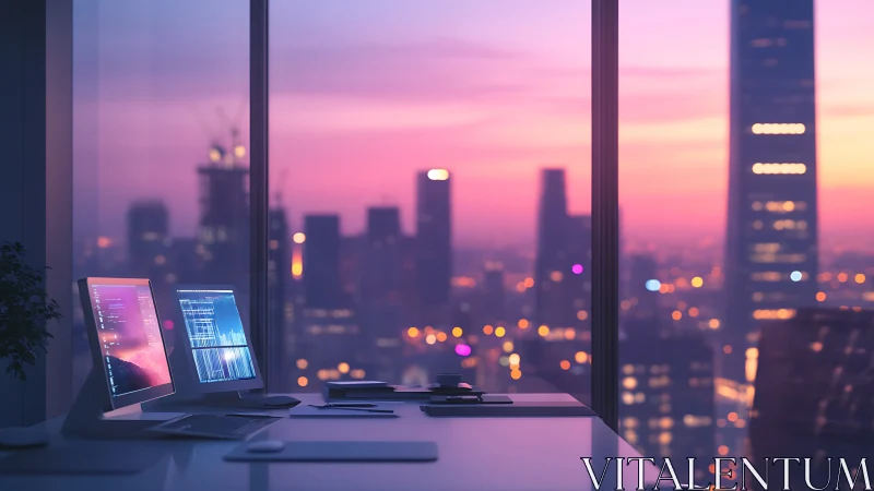 Sunset-lit developer desk overlooking vibrant city skyline