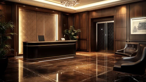 Luxurious hotel reception with high-gloss marble finishes.