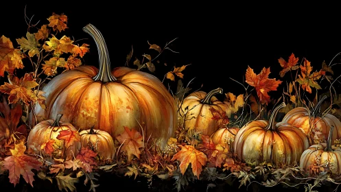 Pumpkins and autumn leaves form a detailed fall still life