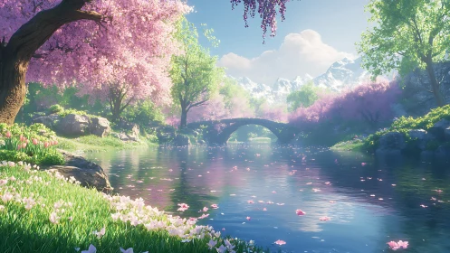 Idyllic spring river valley rendered in luminous digital realism