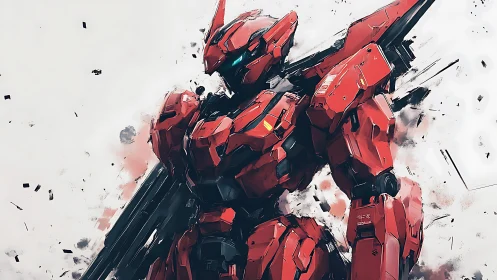 Crimson war mech ignites a storm of shattering metal calm.