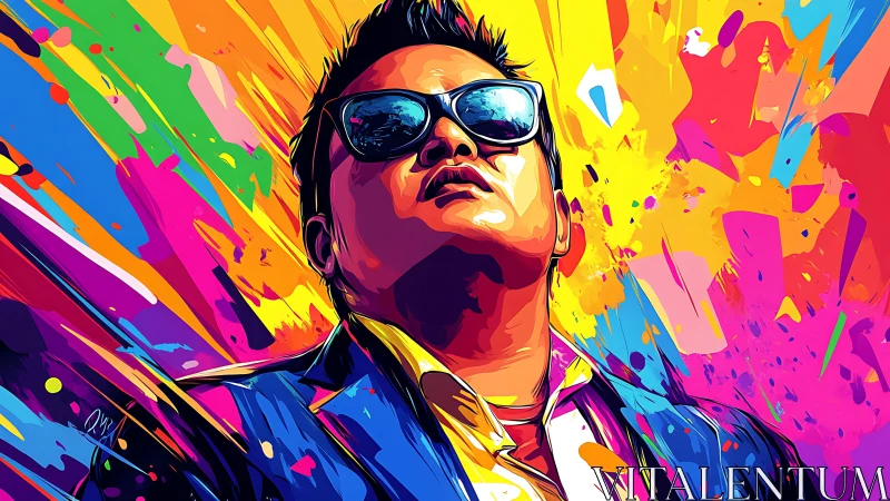 Bold sunglasses portrait bursting with neon rainbow energy.