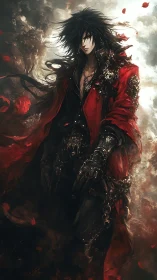 Brooding dark warrior stands in a storm of swirling embers