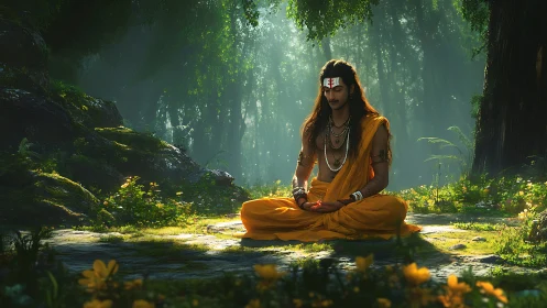 Forest meditation with serene sage in golden morning light.