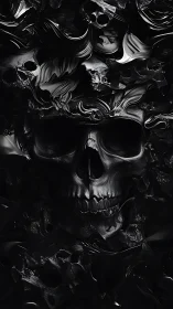 Sculpted black skull emerges from swirling molten darkness