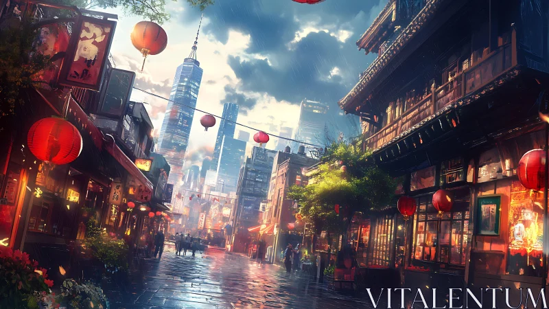 Rainlit cyber-Chinatown street humming between neon eras.