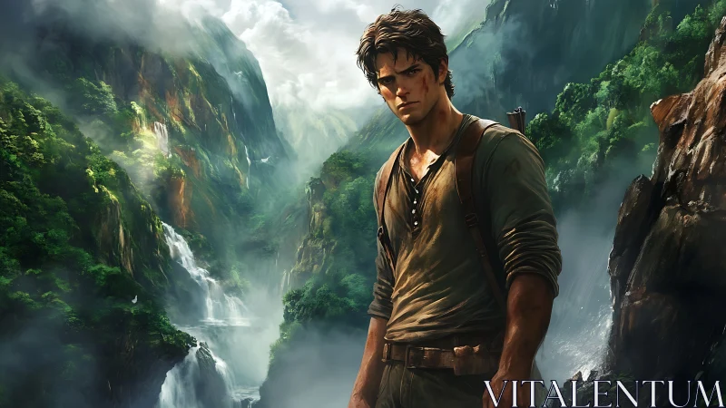 Rugged jungle explorer framed by misty waterfall canyon