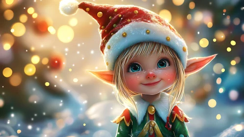 Sparkling Christmas elf smiles brightly in soft holiday lights