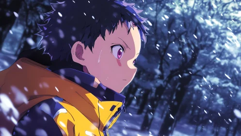 Snowy forest moment shows determined boy in bright jacket