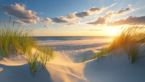 Golden sunset pours over tranquil dune grass shoreline