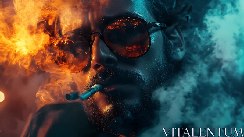 Bicolor smoke portrait with reflective sunglasses and ember glow.
