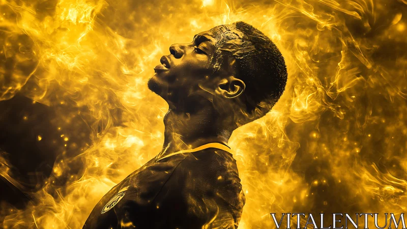 Athlete profile in high contrast golden flames and energy field