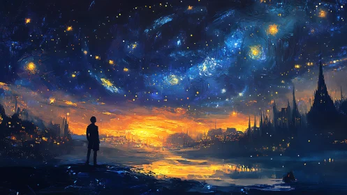 Stargazer on the luminous river beneath a painted cosmos.