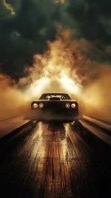 Muscle car charges through firelit storm on slick asphalt.