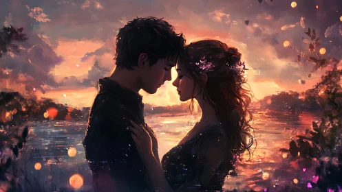 Two silhouettes share an intimate moment against a golden sunset