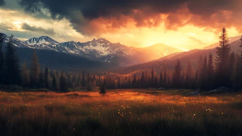 Sunlit alpine meadow below snow peaks at dramatic sunset.
