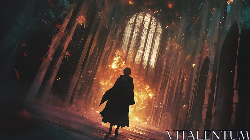 Cloaked figure facing intense fire inside ruined hall.