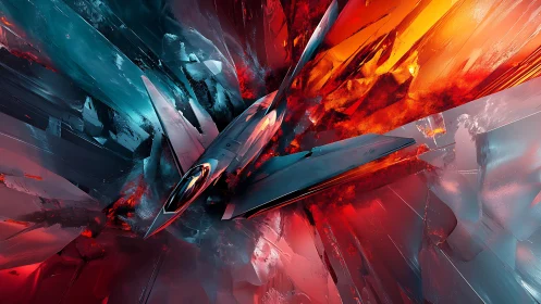 Futuristic fighter jet shatters neon crystal battlefield