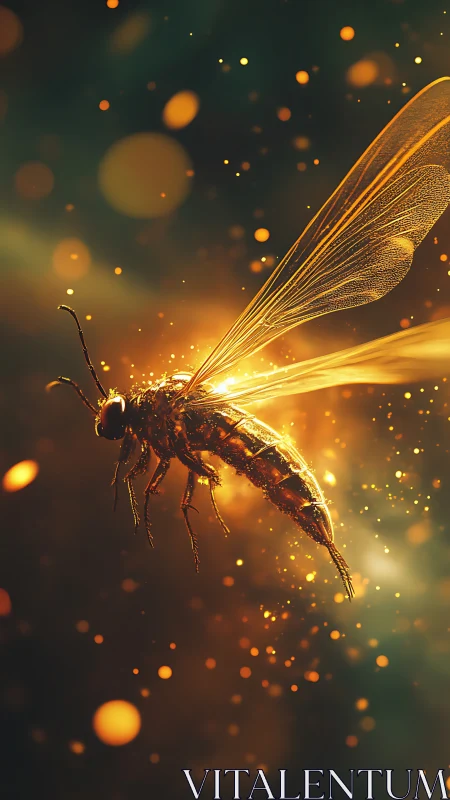 Glowing macro wasp rendered in luminous golden particle field