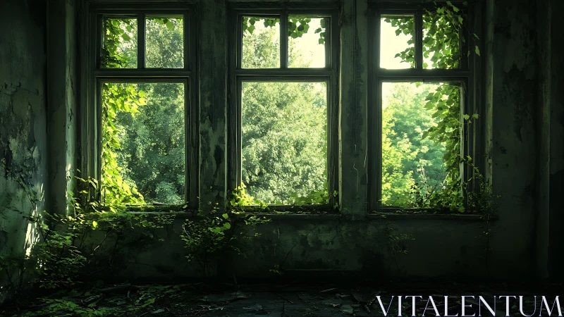 Overgrown windows framing dense summer forest view.