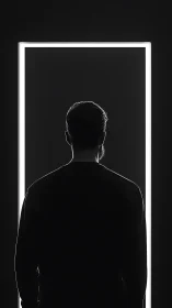 Silhouetted wanderer studies a glowing doorway of quiet code