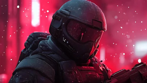 Armored sci fi soldier under neon red snowfall at night.