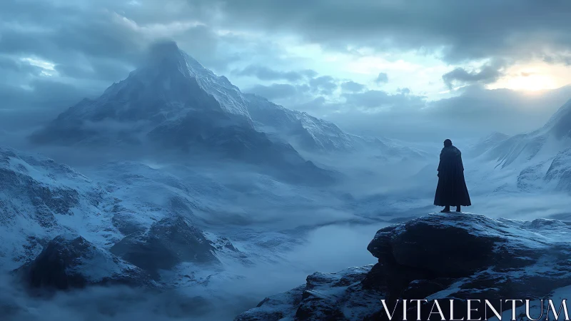 Digital painting of cloaked figure in vast glacial mountain vista.
