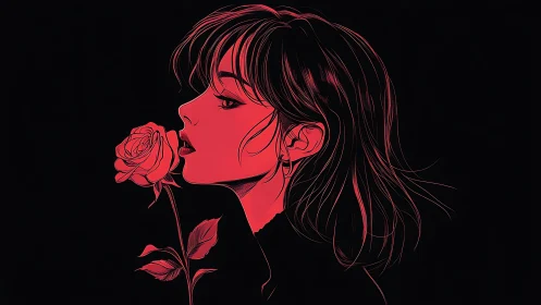 Side profile girl inhales a rose in moody crimson light