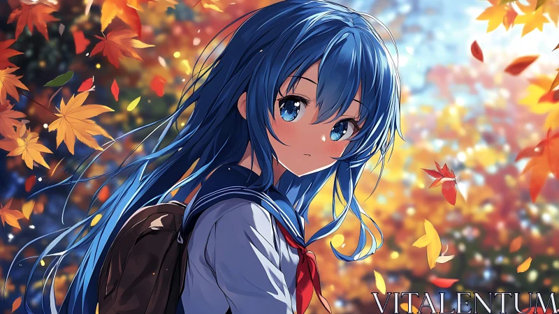 Blue haired schoolgirl in autumn foliage background scene.