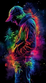 Neon hooded figure glows amid swirling cannabis smoke.