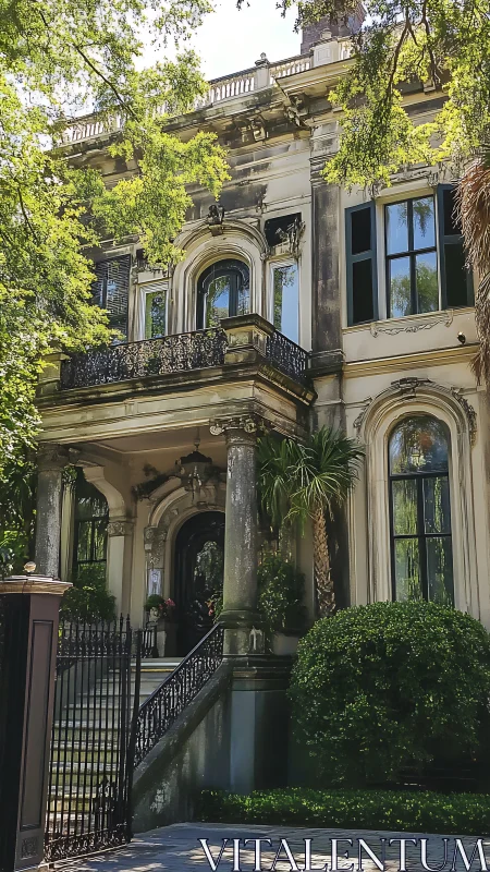 Weathered neoclassical mansion with wrought-iron veranda and palms.
