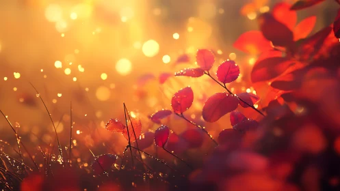 Sunlit red leaves glow against a dreamy golden bokeh background.